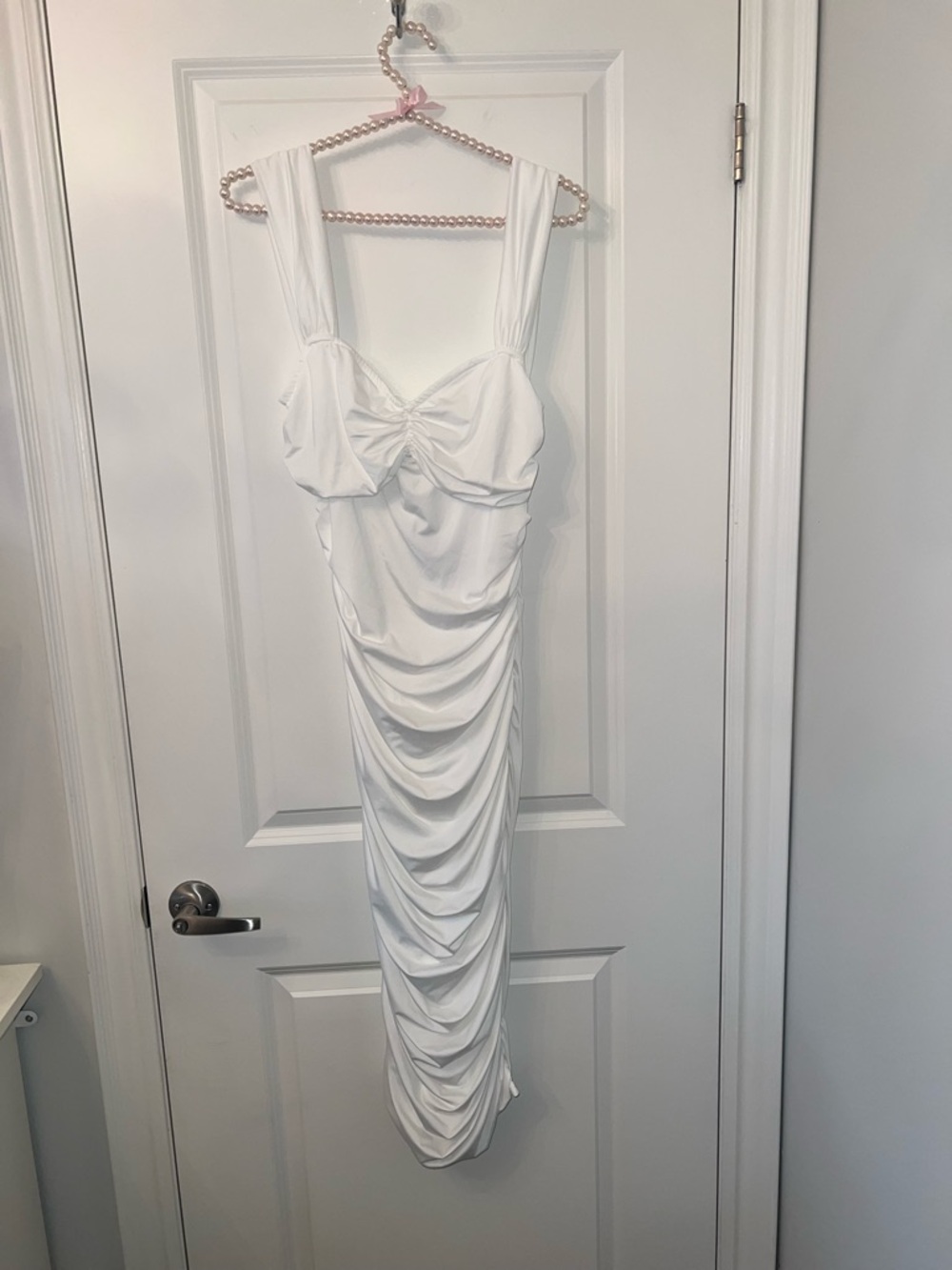 White Ruched Midi Dress with Knot Front - Picture 2 of 4